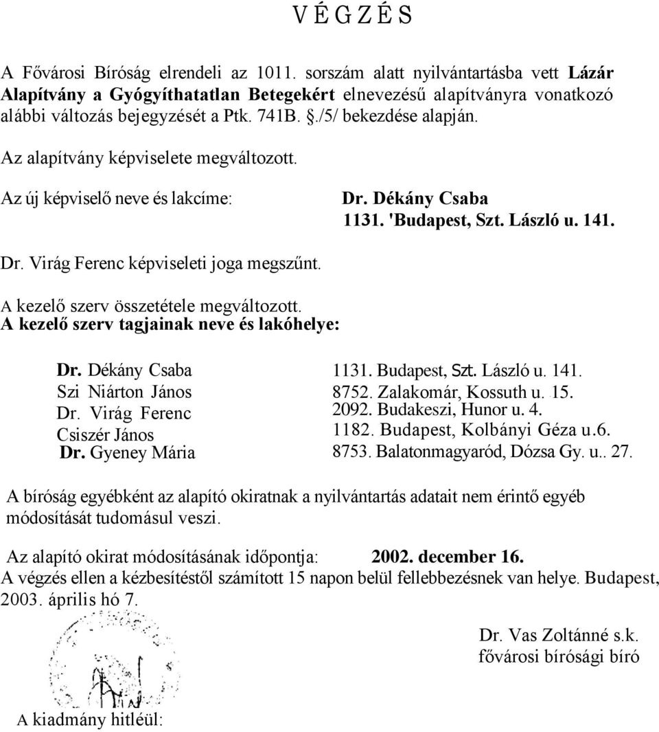 A kezelő szerv összetétele megváltozott. A kezelő szerv tagjainak neve és lakóhelye: Dr. Dékány Csaba Szi Niárton János Dr. Virág Ferenc Csiszér János Dr. Gyeney Mária 1131. Budapest, Szt. László u.