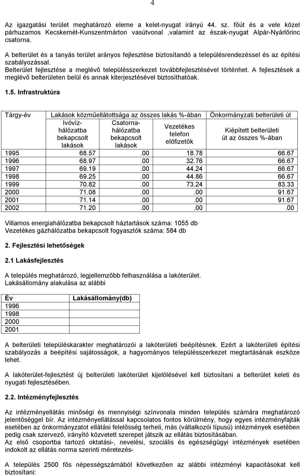 Belterület fejlesztése a meglévő településszerkezet továbbfejlesztésével történhet. A fejlesztések a meglévő belterületen belül és annak kiterjesztésével biztosíthatóak. 1.5.