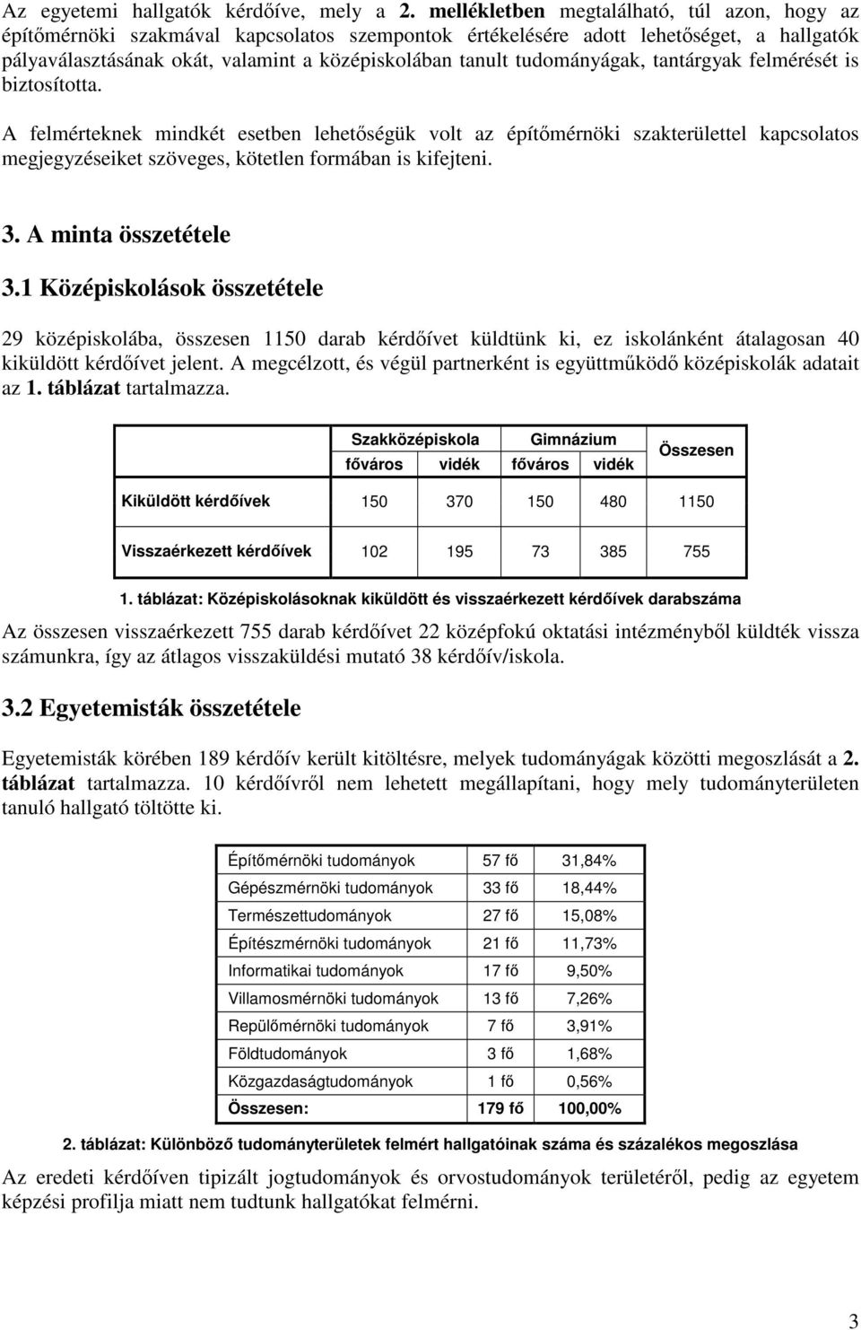 tudományágak, tantárgyak felmérését is biztosította. A felmérteknek mindkét esetben lehetségük volt az építmérnöki szakterülettel kapcsolatos megjegyzéseiket szöveges, kötetlen formában is kifejteni.