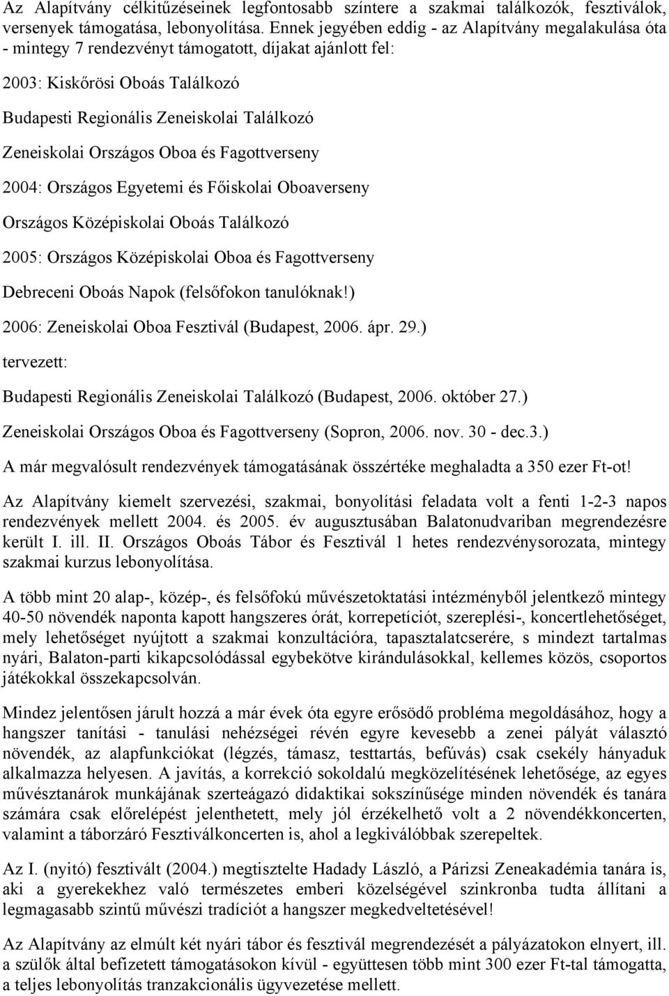 Országos Oboa és Fagottverseny 2004: Országos Egyetemi és Főiskolai Oboaverseny Országos Középiskolai Oboás Találkozó 2005: Országos Középiskolai Oboa és Fagottverseny Debreceni Oboás Napok