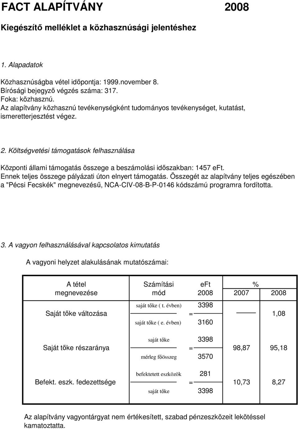 Költségvetési támogatások felhasználása Központi állami támogatás összege a beszámolási idıszakban: 1457 eft. Ennek teljes összege pályázati úton elnyert támogatás.