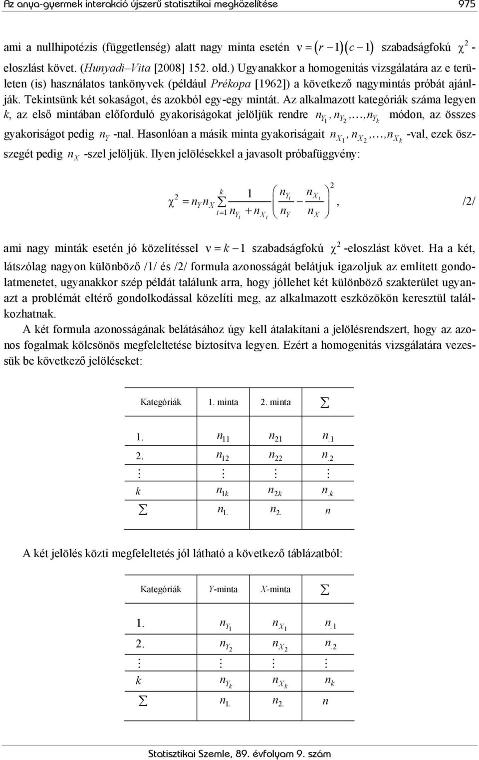 Az alalmazott ategóriá száma legyen, az első mintában előforduló gyaoriságoat jelöljü rendre n Y,n 1 Y,,n Y módon, az összes gyaoriságot pedig ny -nal.