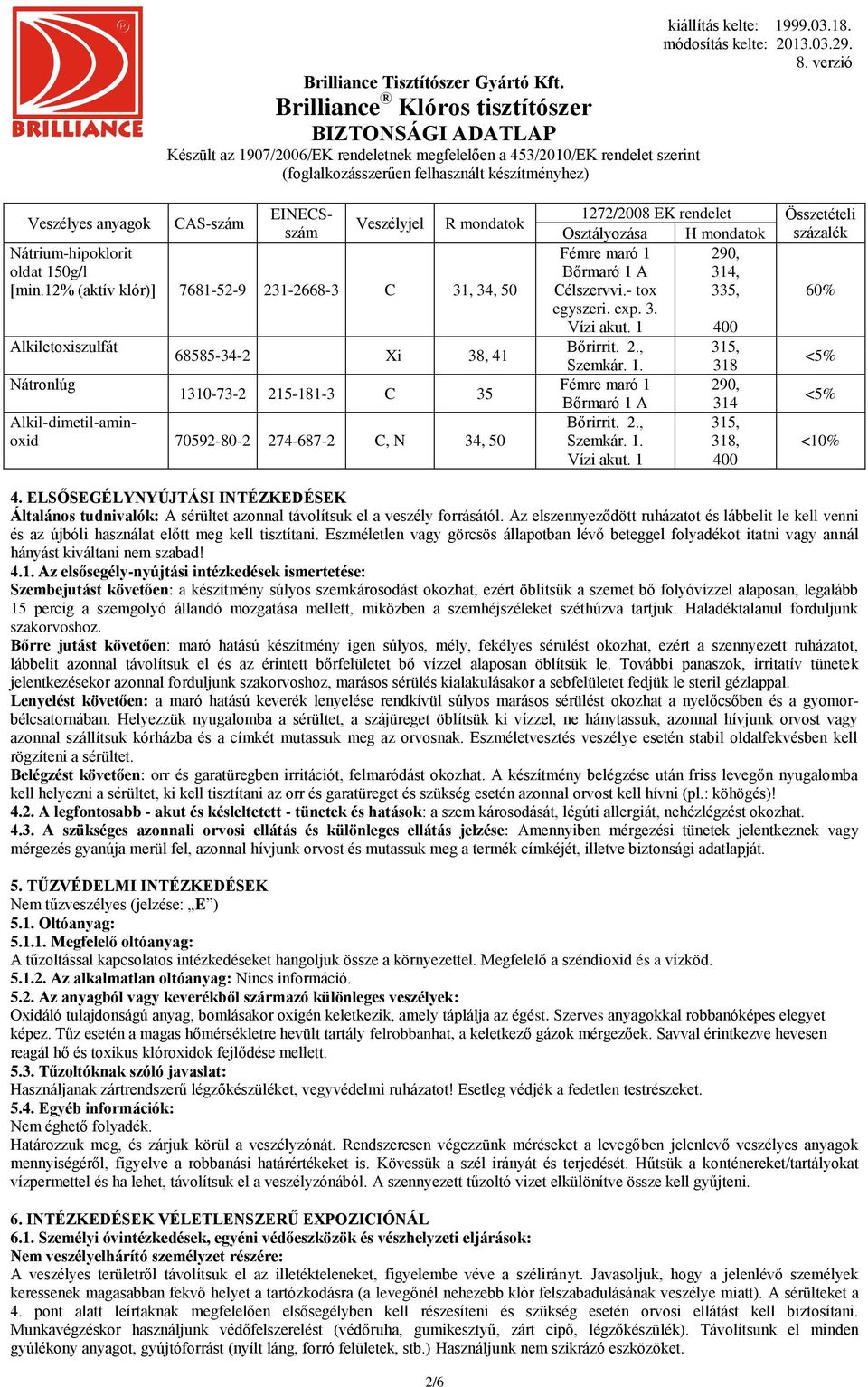 Bőrmaró 1 A 314, Célszervvi.- tox 335, 60% egyszeri. exp. 3. Vízi akut. 1 400 Bőrirrit. 2., 315, Szemkár. 1. 318 <5% Fémre maró 1 290, <5% Bőrmaró 1 A Bőrirrit. 2., Szemkár. 1. Vízi akut. 1 314 315, 318, 400 <10% 4.