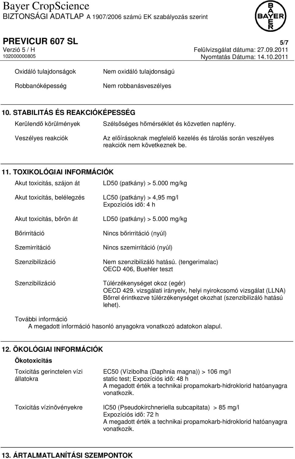 Veszélyes reakciók Az előírásoknak megfelelő kezelés és tárolás során veszélyes reakciók nem következnek be. 11. TOXIKOLÓGIAI INFORMÁCIÓK Akut toxicitás, szájon át LD50 (patkány) > 5.