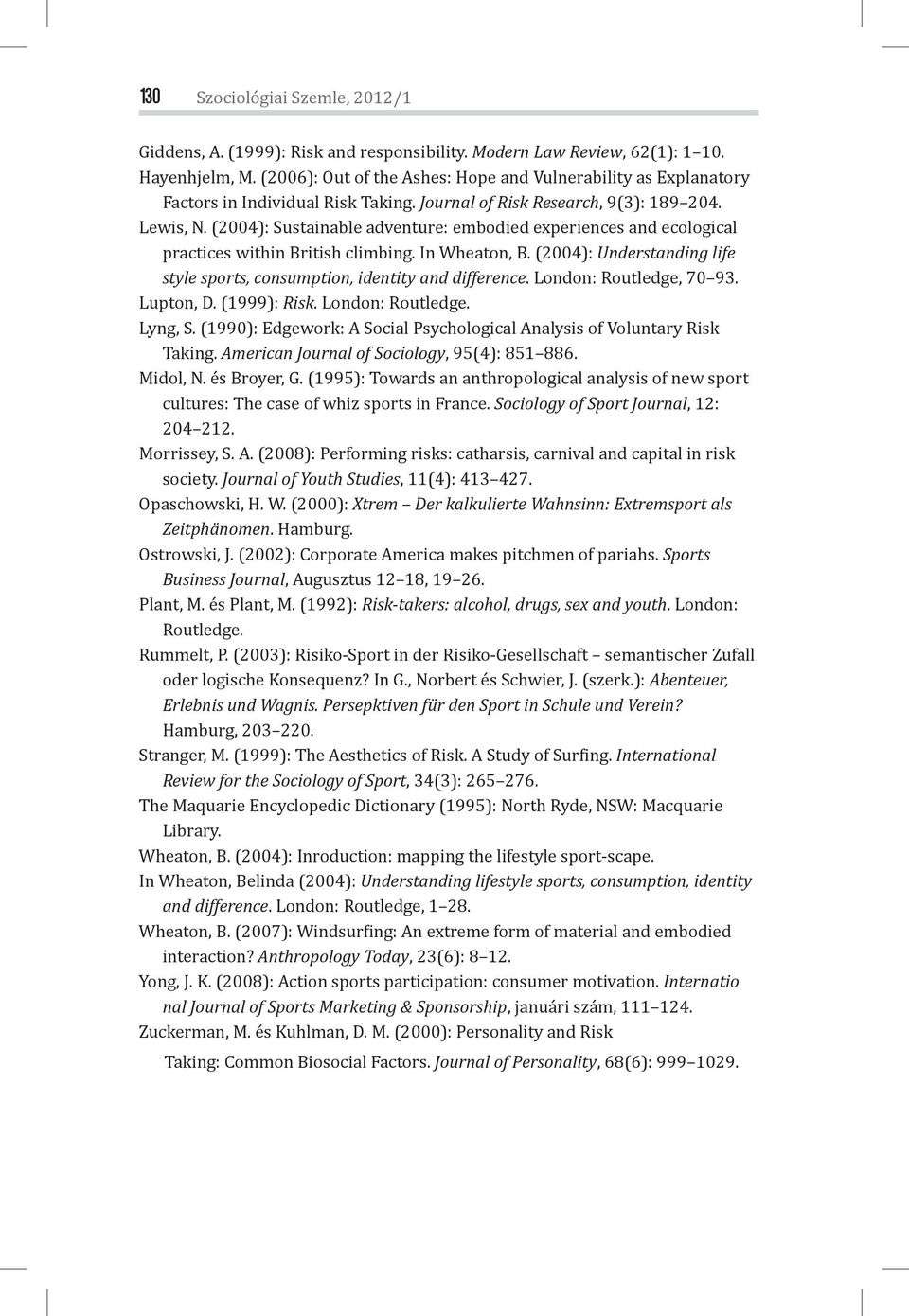 (2004): Sustainable adventure: embodied experiences and ecological practices within British climbing. In Wheaton, B. (2004): Understanding life style sports, consumption, identity and difference.