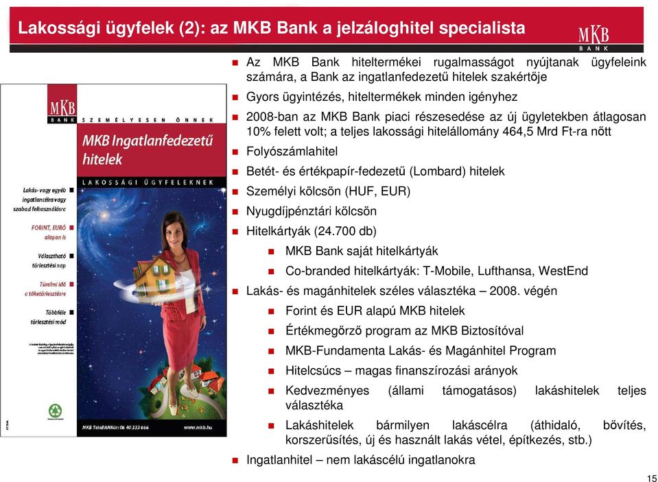 értékpapír-fedezető (Lombard) hitelek Személyi kölcsön (HUF, EUR) Nyugdíjpénztári kölcsön Hitelkártyák (24.