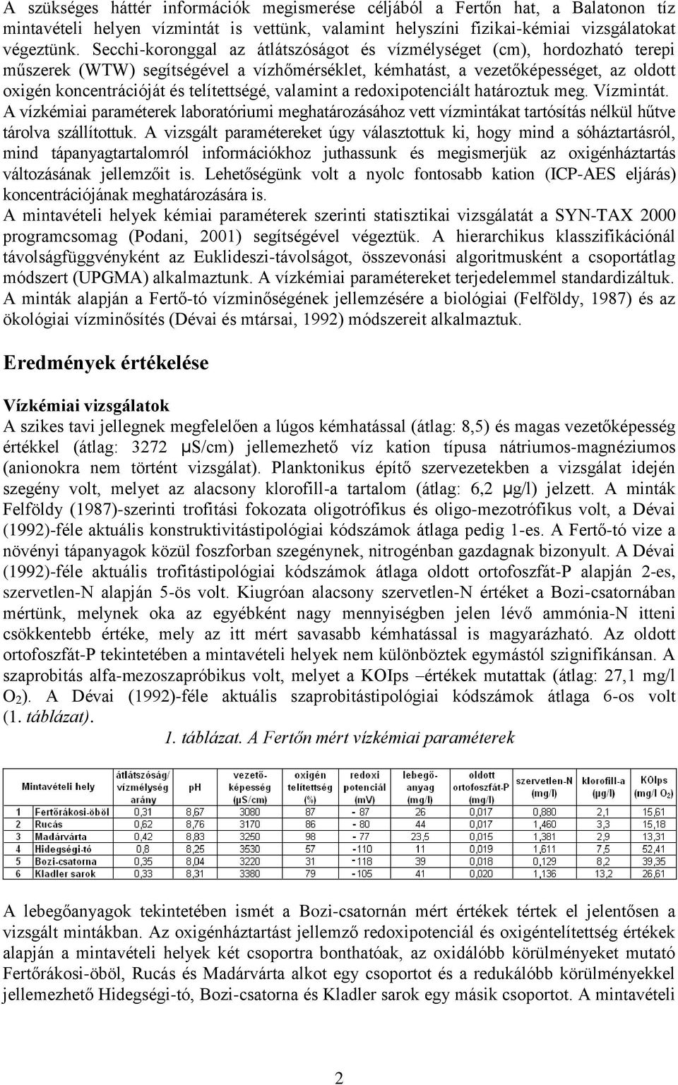 telítettségé, valamint a redoxipotenciált határoztuk meg. Vízmintát. A vízkémiai paraméterek laboratóriumi meghatározásához vett vízmintákat tartósítás nélkül hűtve tárolva szállítottuk.