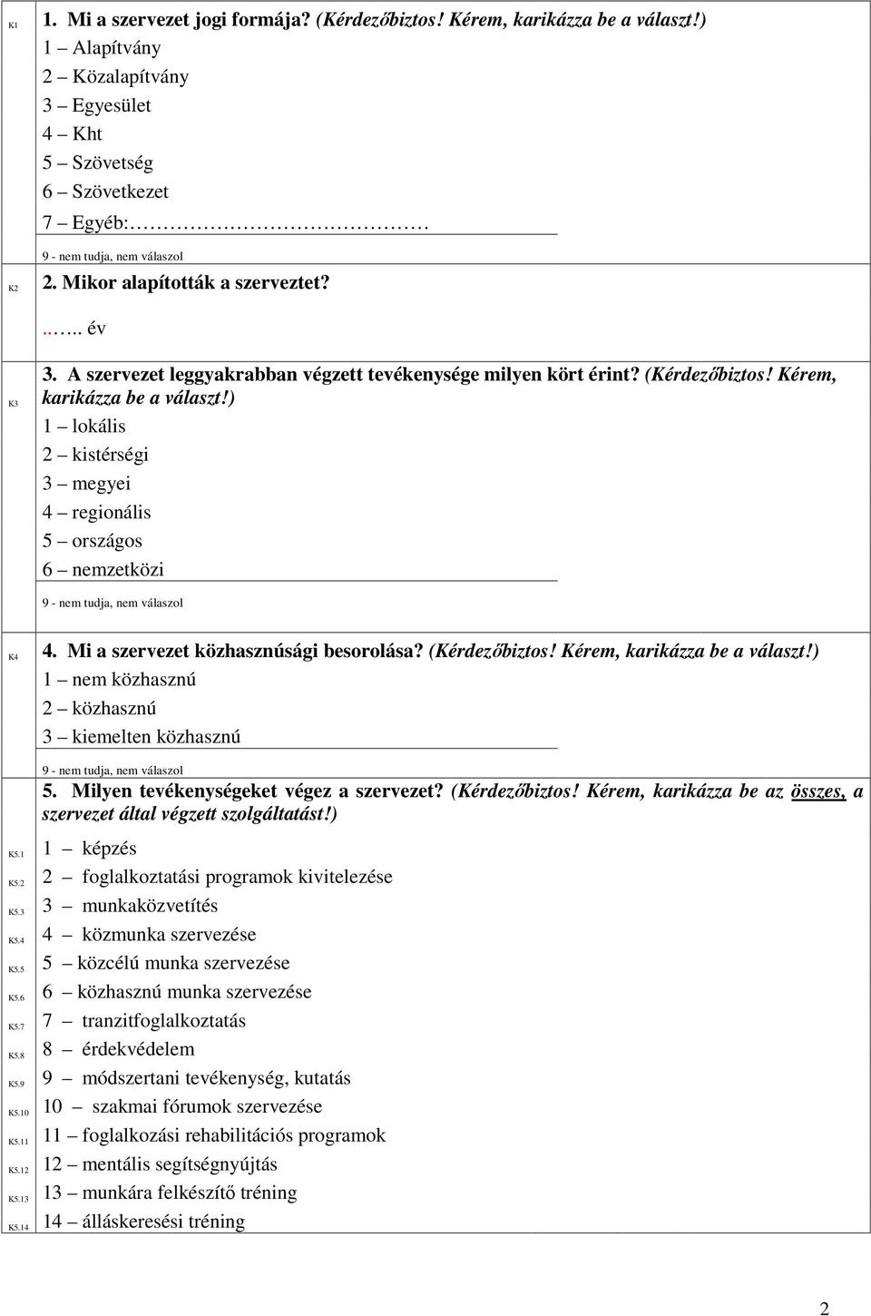 ) 1 lokális 2 kistérségi 3 megyei 4 regionális 5 országos 6 nemzetközi K4 4. Mi a szervezet közhasznúsági besorolása? (Kérdezıbiztos! Kérem, karikázza be a választ!