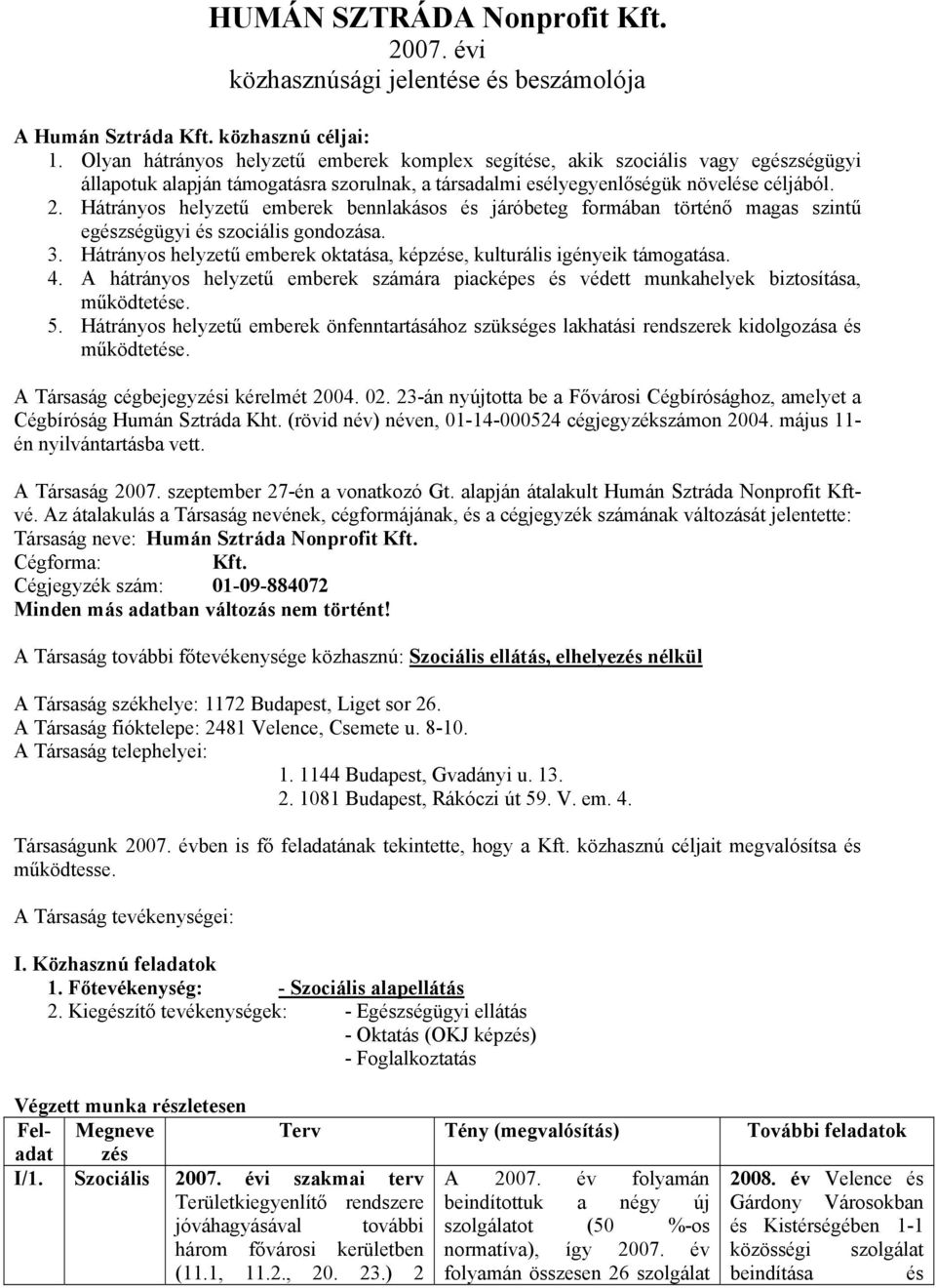 Hátrányos helyzetű emberek bennlakásos és járóbeteg formában történő magas szintű egészségügyi és szociális gondozása. 3. Hátrányos helyzetű emberek oktatása, képzése, kulturális igényeik támogatása.