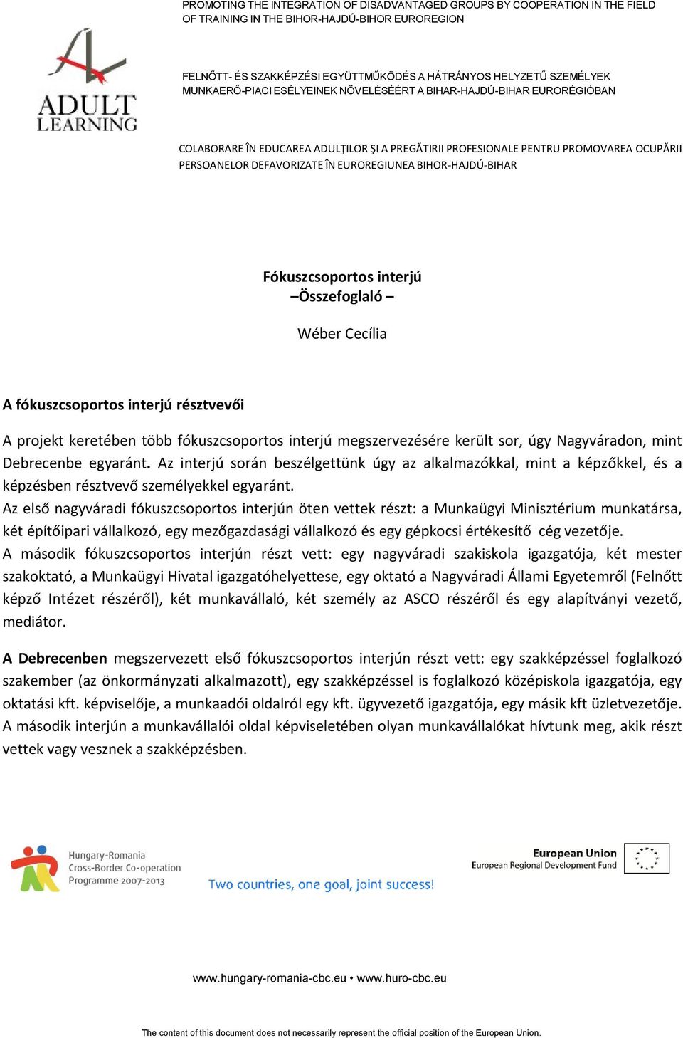 Az első nagyváradi fókuszcsoportos interjún öten vettek részt: a Munkaügyi Minisztérium munkatársa, két építőipari vállalkozó, egy mezőgazdasági vállalkozó és egy gépkocsi értékesítő cég vezetője.