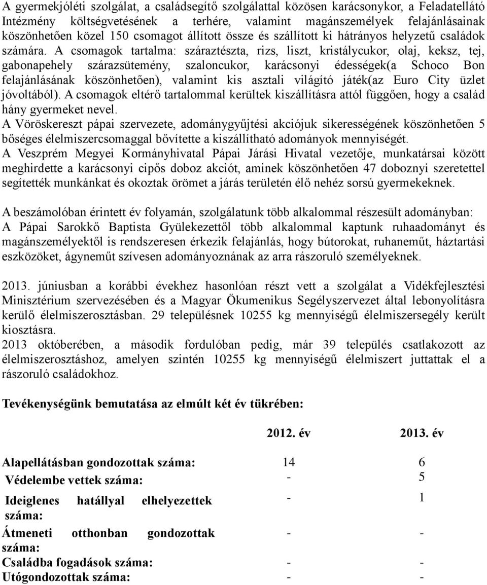 A csomagok tartalma: száraztészta, rizs, liszt, kristálycukor, olaj, keksz, tej, gabonapehely szárazsütemény, szaloncukor, karácsonyi édességek(a Schoco Bon felajánlásának köszönhetően), valamint kis