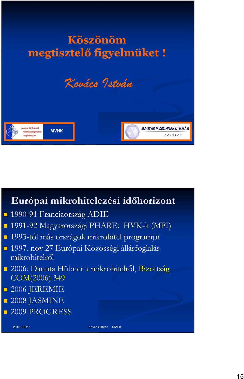 1991-9292 Magyarországi PHARE: HVK-k (MFI) 1993-tól más országok mikrohitel programjai 1997.