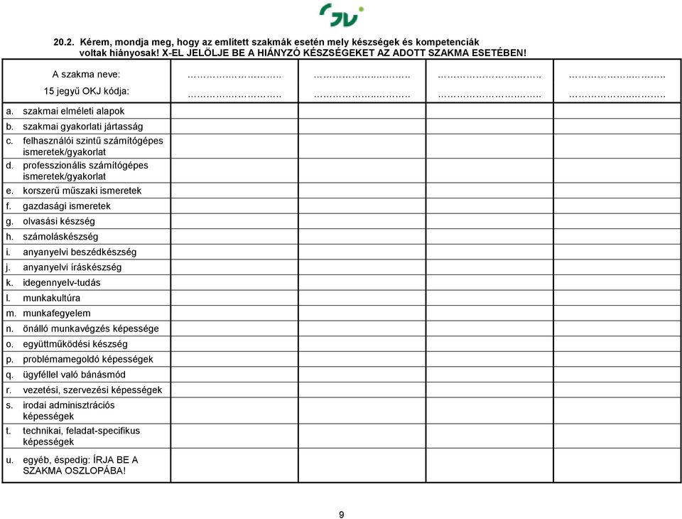 professzionális számítógépes ismeretek/gyakorlat e. korszerő mőszaki ismeretek f. gazdasági ismeretek g. olvasási készség h. számoláskészség i. anyanyelvi beszédkészség j. anyanyelvi íráskészség k.