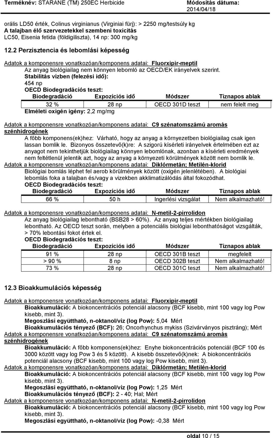 Stabilitás vízben (felezési idő): 454 np OECD Biodegradációs teszt: Biodegradáció Expozíciós idő Módszer Tíznapos ablak 32 % 28 np OECD 301D teszt nem felelt meg Elméleti oxigén igény: 2,2 mg/mg