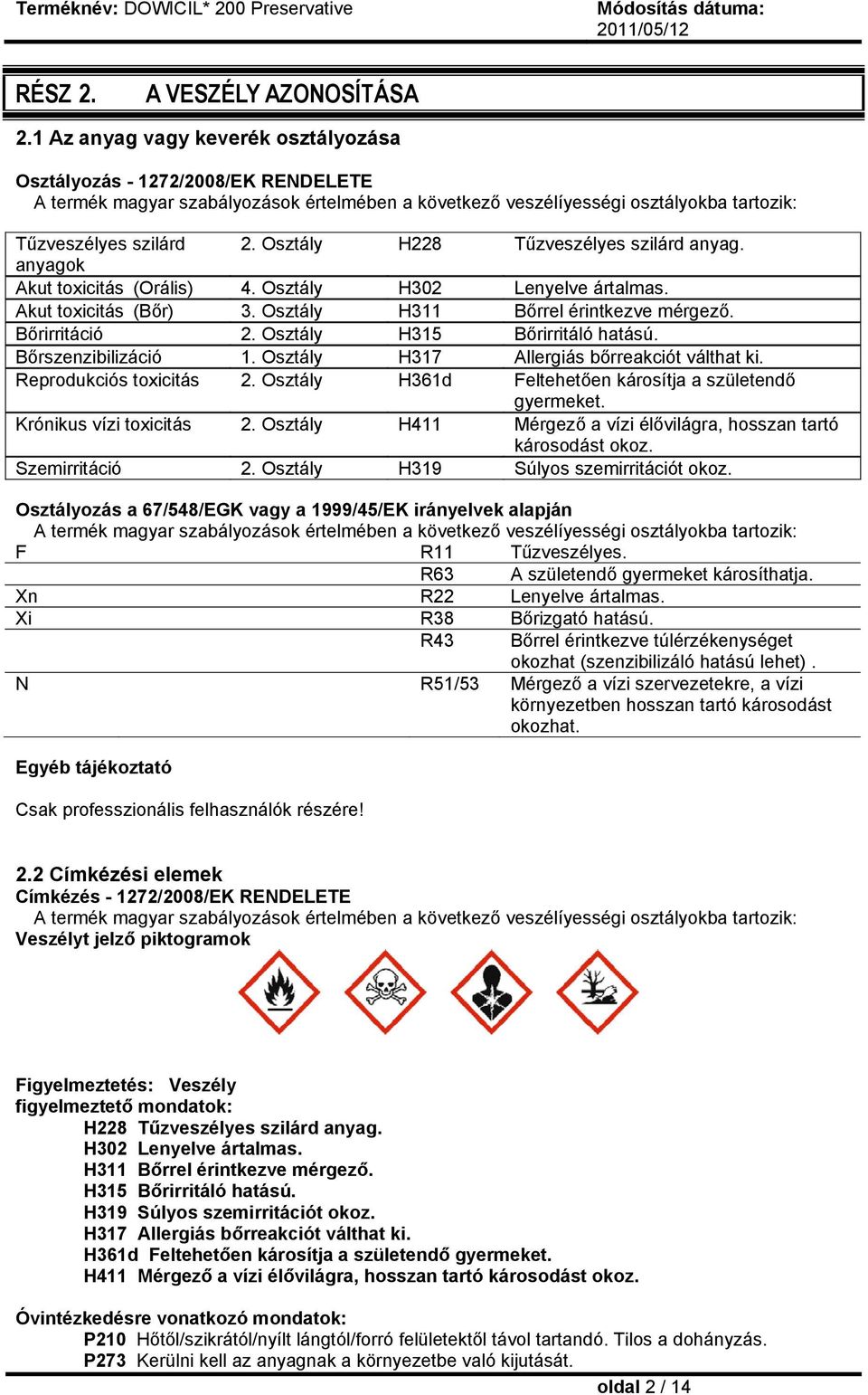 Osztály H228 Tűzveszélyes szilárd anyag. anyagok Akut toxicitás (Orális) 4. Osztály H302 Lenyelve ártalmas. Akut toxicitás (Bőr) 3. Osztály H311 Bőrrel érintkezve mérgező. Bőrirritáció 2.