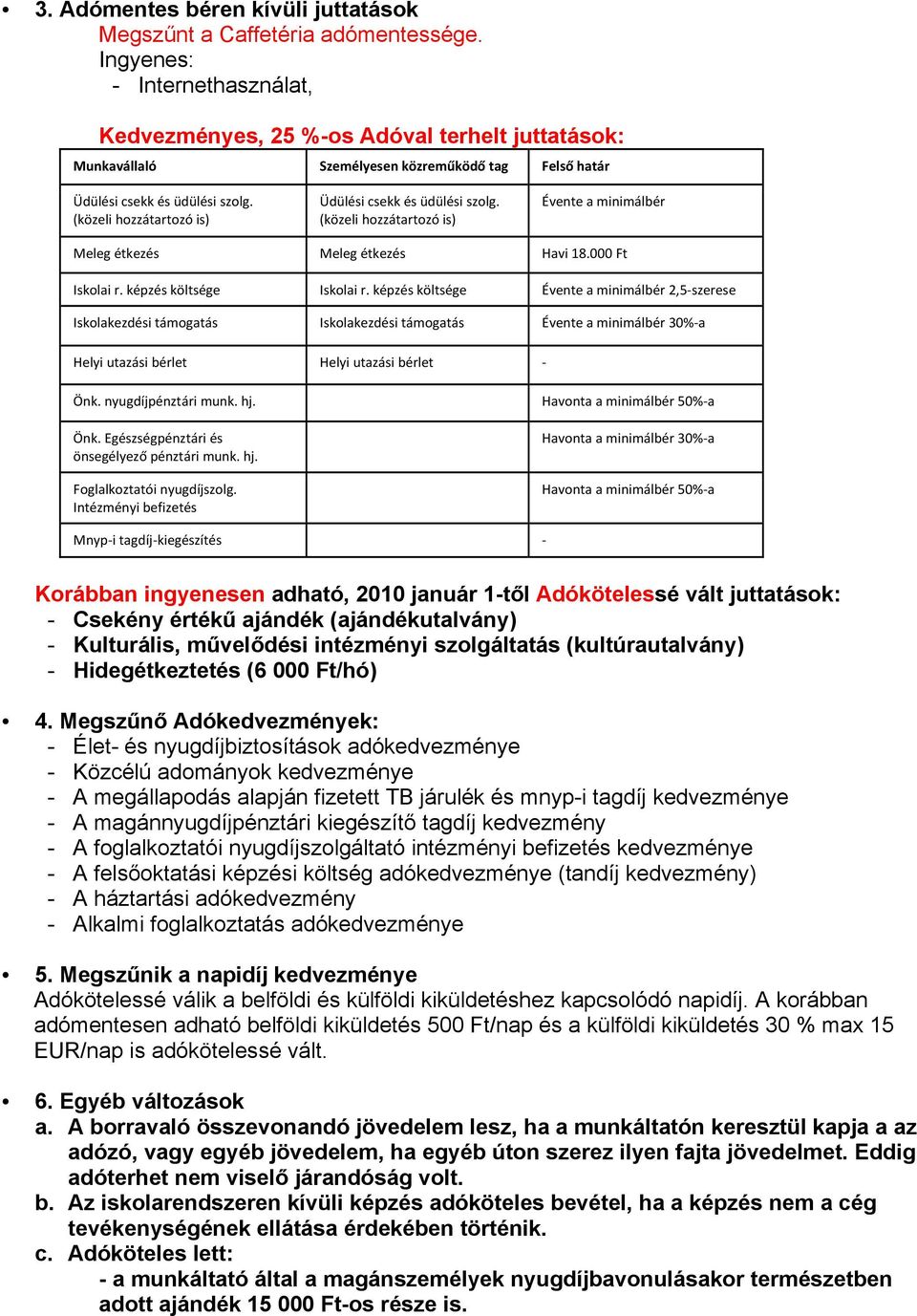 (közeli hozzátartozó is) Üdülési csekk és üdülési szolg. (közeli hozzátartozó is) Évente a minimálbér Meleg étkezés Meleg étkezés Havi 18.000 Ft Iskolai r. képzés költsége Iskolai r.