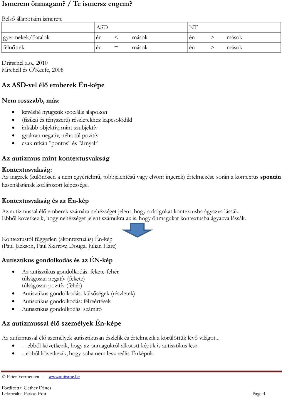 én < mások én > mások felnőttek én = mások én > mások Dritschel a.o., 2010 Mitchell és O'Keefe, 2008 Az ASD-vel élő emberek Én-képe Nem rosszabb, más: kevésbé nyugszik szociális alapokon (fizikai és tényszerű) részletekhez kapcsolódik!