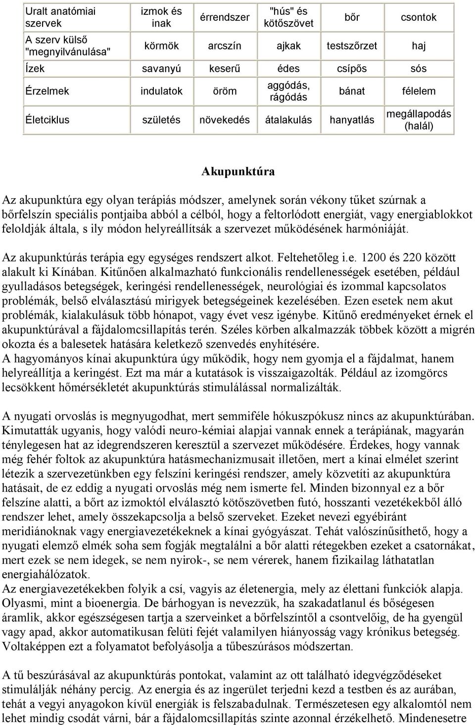 tűket szúrnak a bőrfelszín speciális pontjaiba abból a célból, hogy a feltorlódott energiát, vagy energiablokkot feloldják általa, s ily módon helyreállítsák a szervezet működésének harmóniáját.