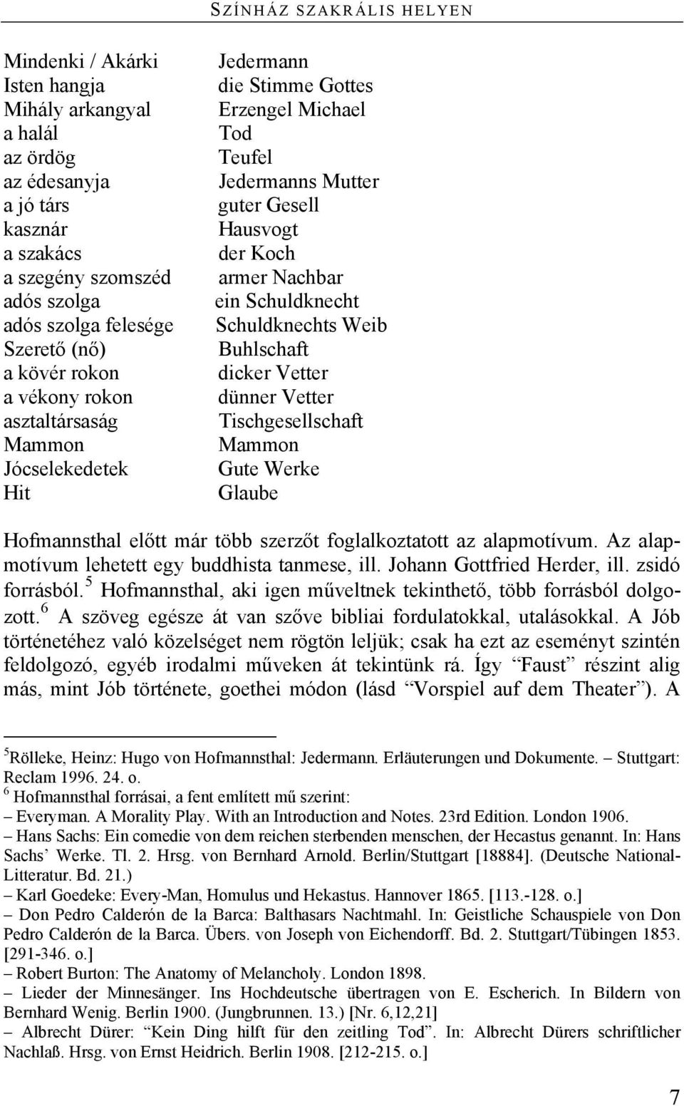 Schuldknecht Schuldknechts Weib Buhlschaft dicker Vetter dünner Vetter Tischgesellschaft Mammon Gute Werke Glaube Hofmannsthal előtt már több szerzőt foglalkoztatott az alapmotívum.