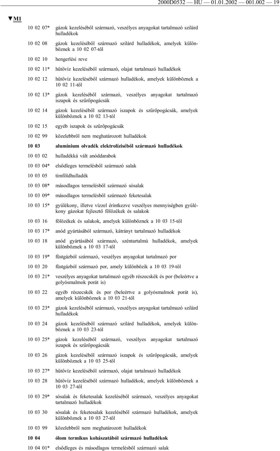 hengerlési reve 10 02 11* hűtővíz kezeléséből származó, olajat tartalmazó hulladékok 10 02 12 hűtővíz kezeléséből származó hulladékok, amelyek különböznek a 10 02 11-től 10 02 13* gázok kezeléséből