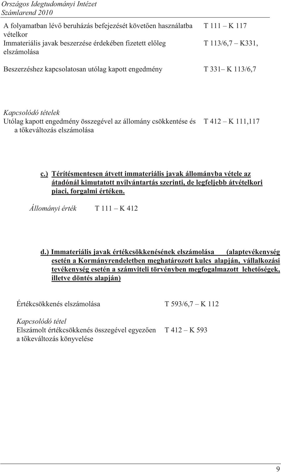 ) Térítésmentesen átvett immateriális javak állományba vétele az átadónál kimutatott nyilvántartás szerinti, de legfeljebb átvételkori piaci, forgalmi értéken. Állományi érték T 111 K 412 d.