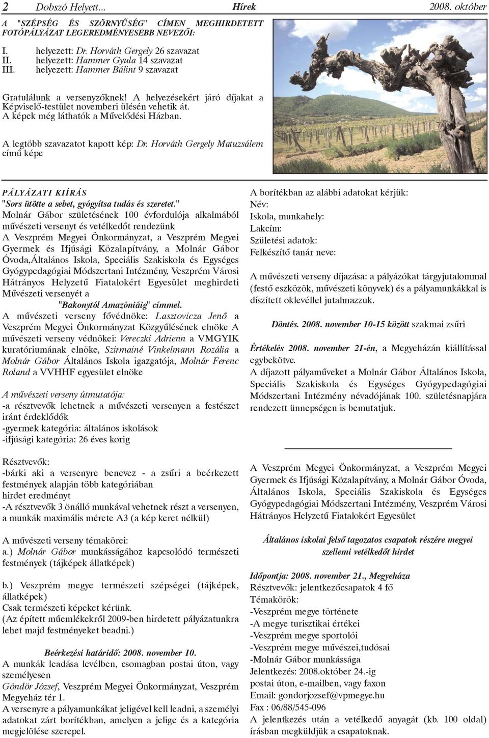 A képek még láthatók a Mûvelõdési Házban. A legtöbb szavazatot kapott kép: Dr. Horváth Gergely Matuzsálem címû képe PÁLYÁZATI KIÍRÁS "Sors ütötte a sebet, gyógyítsa tudás és szeretet.