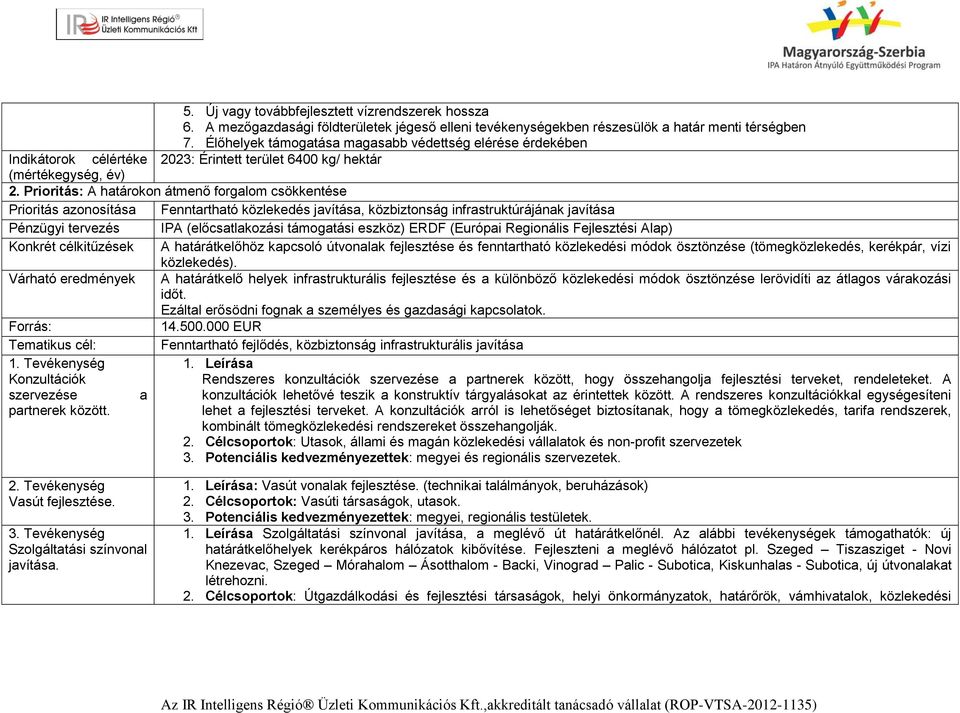 Prioritás: A határokon átmenő forgalom csökkentése Prioritás azonosítása Fenntartható közlekedés javítása, közbiztonság infrastruktúrájának javítása Pénzügyi tervezés IPA (előcsatlakozási támogatási