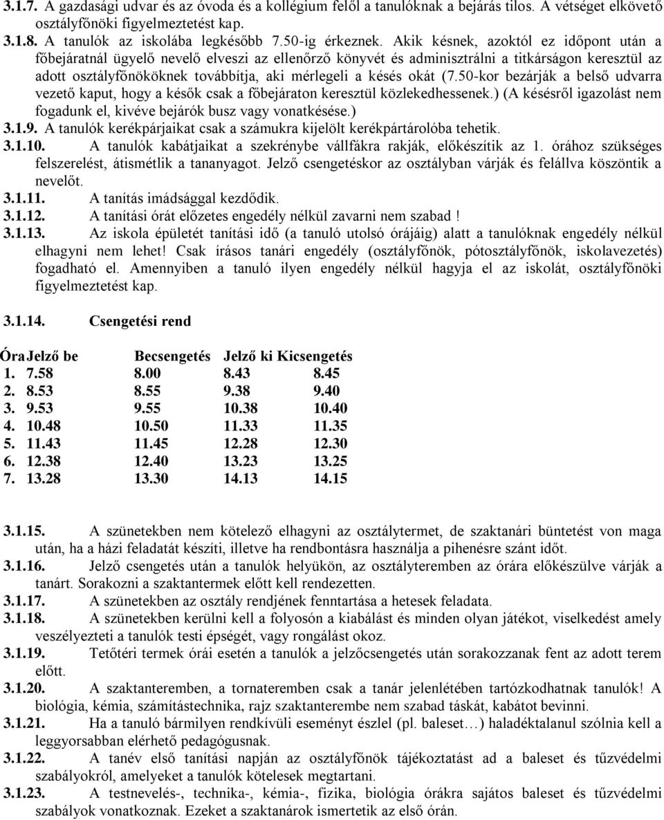 okát (7.50-kor bezárják a belső udvarra vezető kaput, hogy a késők csak a főbejáraton keresztül közlekedhessenek.) (A késésről igazolást nem fogadunk el, kivéve bejárók busz vagy vonatkésése.) 3.1.9.