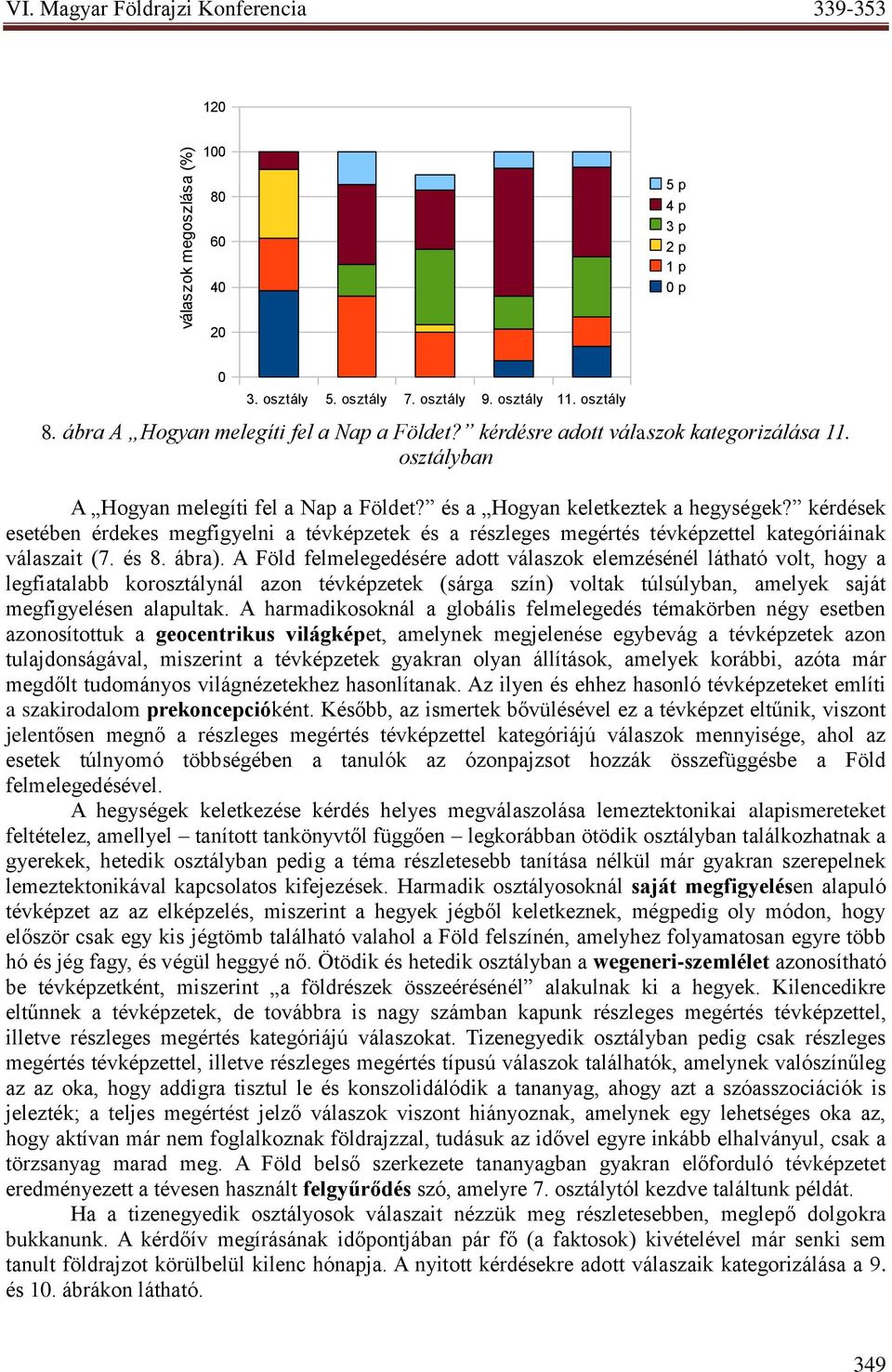 kérdések esetében érdekes megfigyelni a tévképzetek és a részleges megértés tévképzettel kategóriáinak válaszait (7. és 8. ábra).