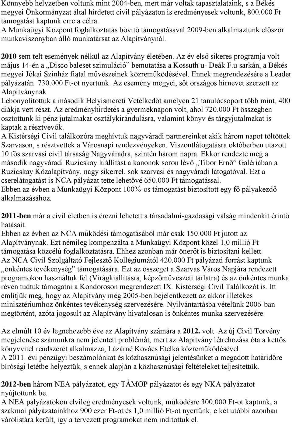 2010 sem telt események nélkül az Alapítvány életében. Az év első sikeres programja volt május 14-én a Disco baleset szimuláció bemutatása a Kossuth u- Deák F.