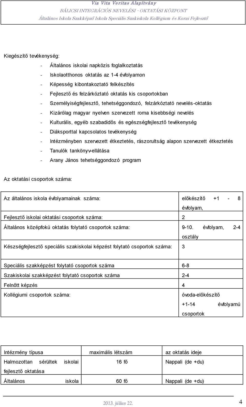 tevékenység - Diáksporttal kapcsolatos tevékenység - Intézményben szervezett étkeztetés, rászorultság alapon szervezett étkeztetés - Tanulók tankönyv-ellátása - Arany János tehetséggondozó program Az