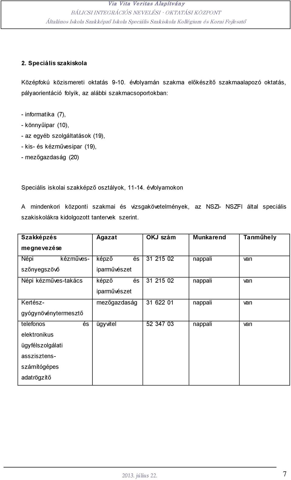 (19), - mezőgazdaság (20) Speciális iskolai szakképző osztályok, 11-14.