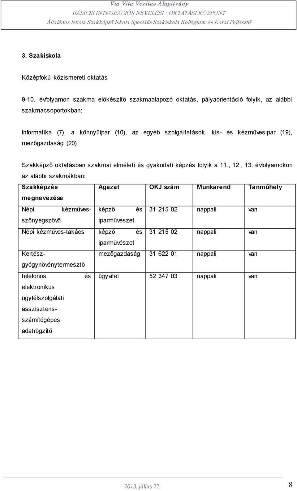 (19), mezőgazdaság (20) Szakképző oktatásban szakmai elméleti és gyakorlati képzés folyik a 11., 12., 13.