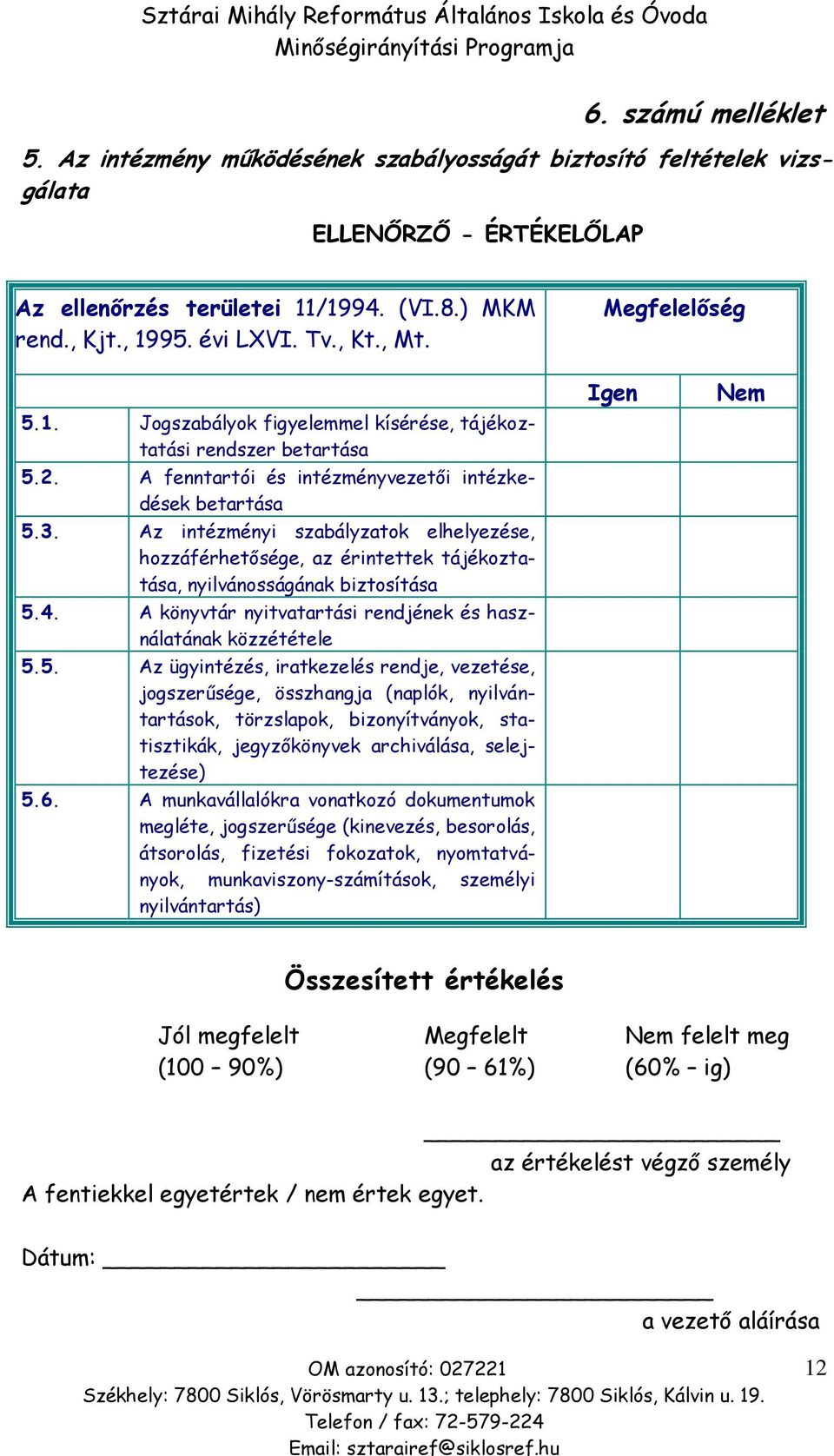 Az intézményi szabályzatok elhelyezése, hozzáférhetősége, az érintettek tájékoztatása, nyilvánosságának biztosítása 5.