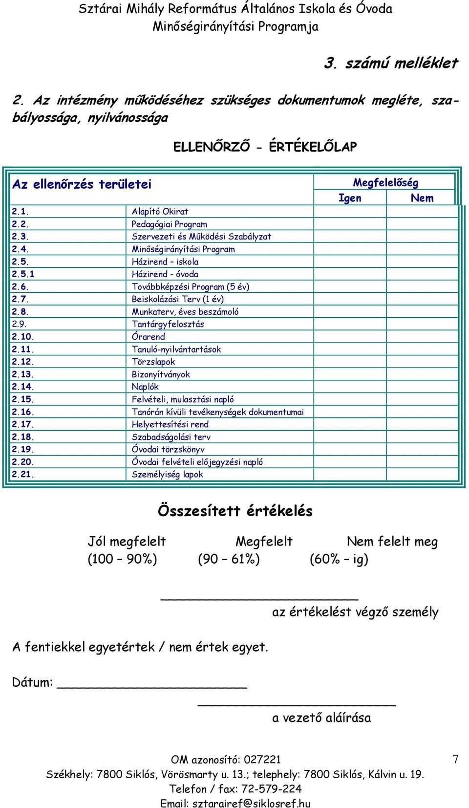 Munkaterv, éves beszámoló 2.9. Tantárgyfelosztás 2.10. Órarend 2.11. Tanuló-nyilvántartások 2.12. Törzslapok 2.13. Bizonyítványok 2.14. Naplók 2.15. Felvételi, mulasztási napló 2.16.