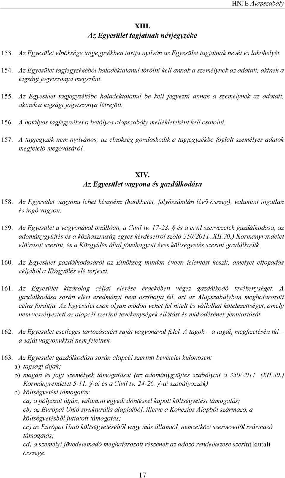 Az Egyesület tagjegyzékébe haladéktalanul be kell jegyezni annak a személynek az adatait, akinek a tagsági jogviszonya létrejött. 156.