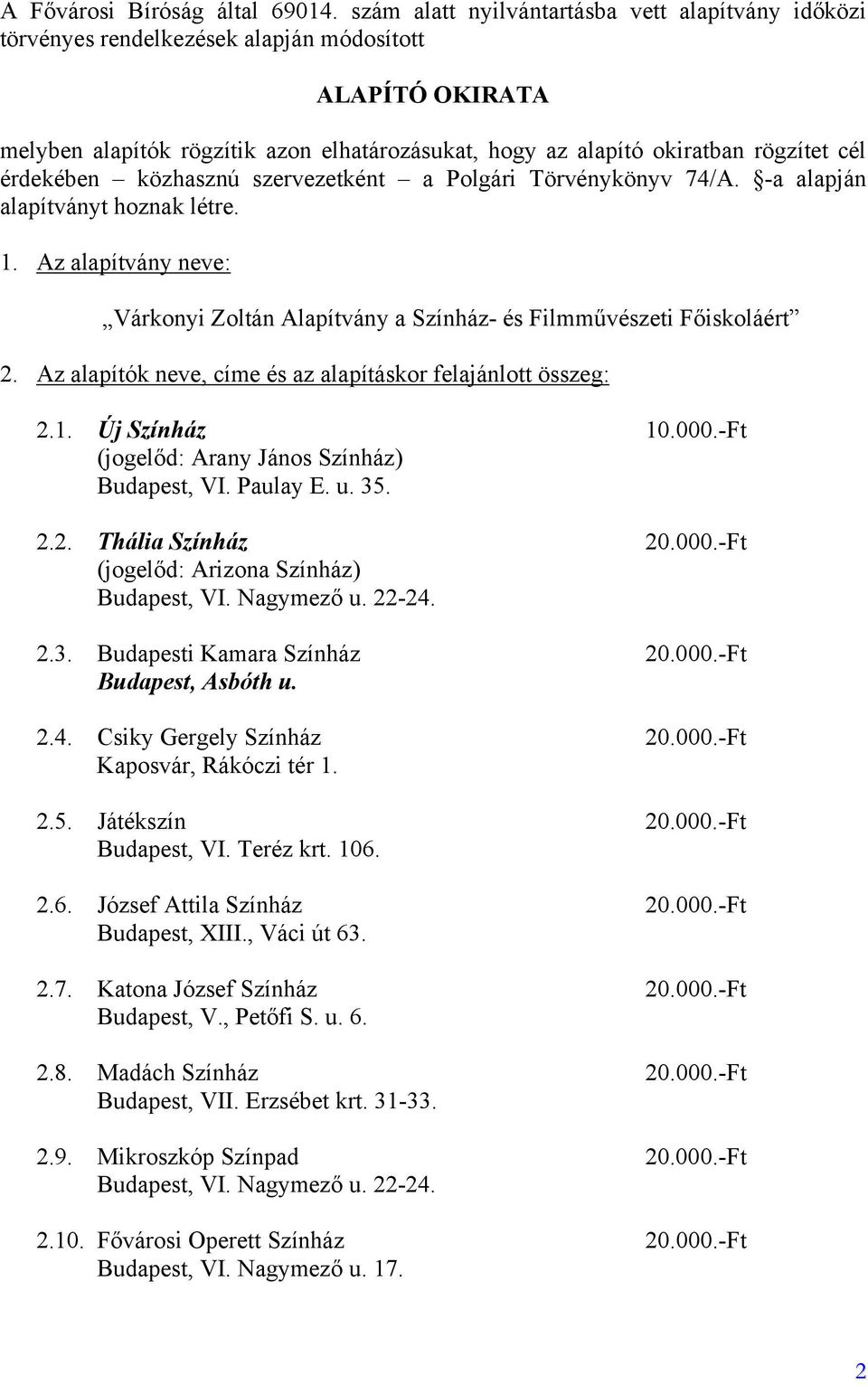 érdekében közhasznú szervezetként a Polgári Törvénykönyv 74/A. -a alapján alapítványt hoznak létre. 1. Az alapítvány neve: Várkonyi Zoltán Alapítvány a Színház- és Filmművészeti Főiskoláért 2.