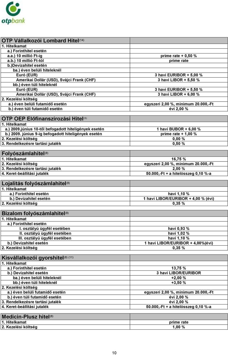 ) éven túli hiteleknél Euró (EUR) 3 havi EURIBOR + 5,50 % Amerikai Dollár (USD), Svájci Frank (CHF) 3 havi LIBOR + 6,00 % 2. Kezelési költség a.