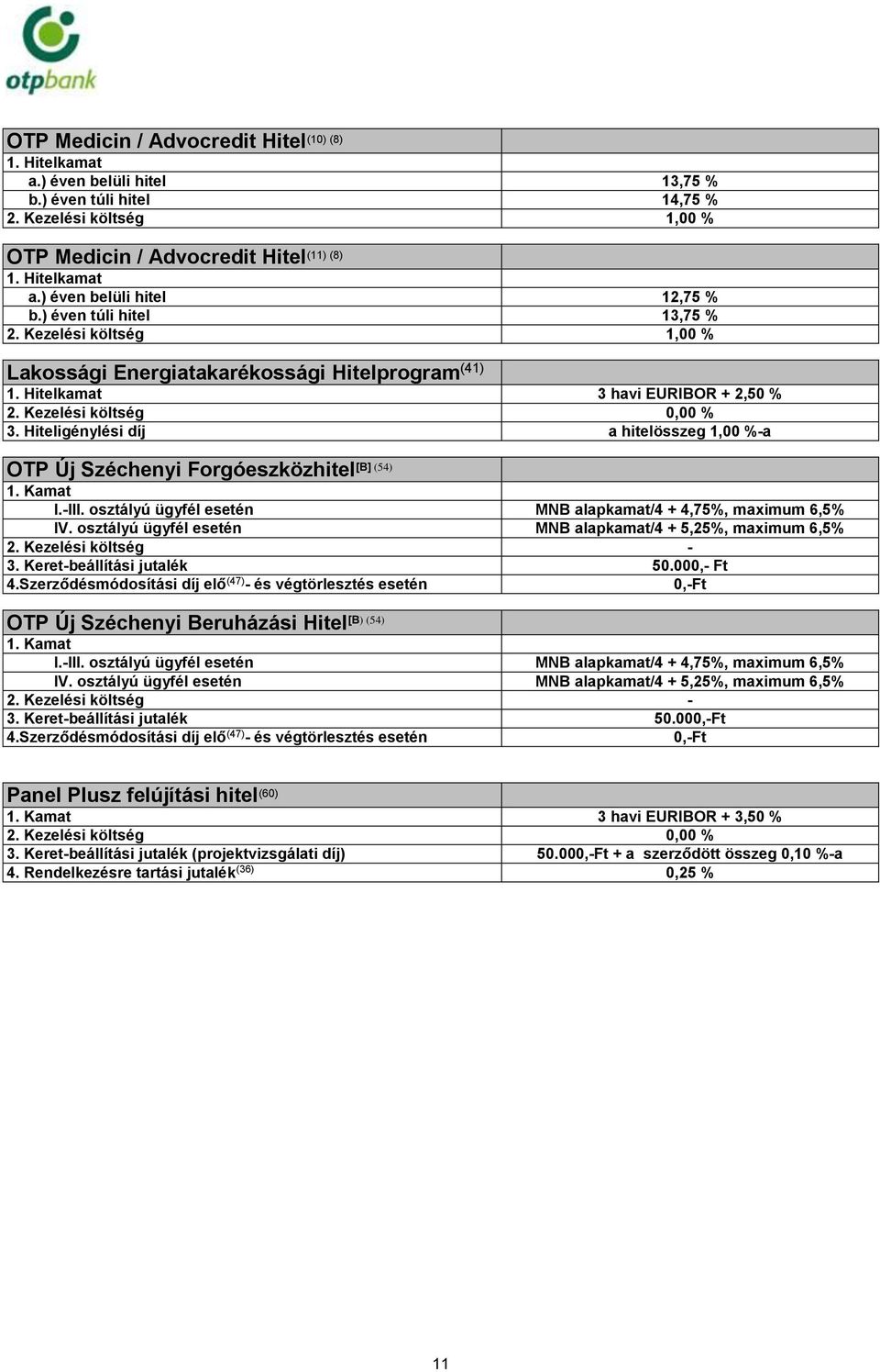 Hiteligénylési díj a hitelösszeg 1,00 %-a [B] (54) OTP Új Széchenyi Forgóeszközhitel I.-III. osztályú ügyfél esetén MNB alapkamat/4 + 4,75%, maximum 6,5% IV.