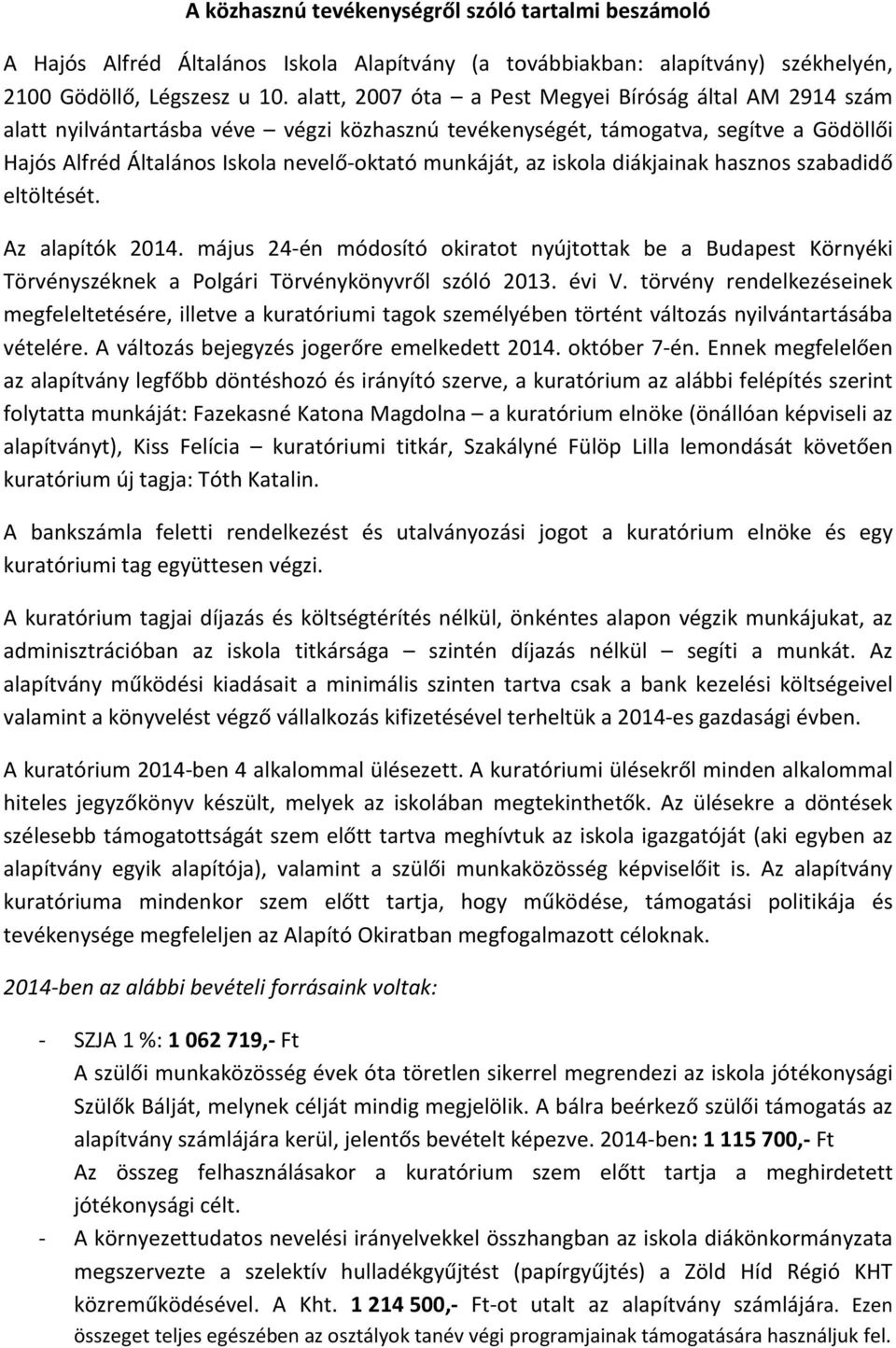 az iskola diákjainak hasznos szabadidő eltöltését. Az alapítók 2014. május 24-én módosító okiratot nyújtottak be a Budapest Környéki Törvényszéknek a Polgári Törvénykönyvről szóló 2013. évi V.