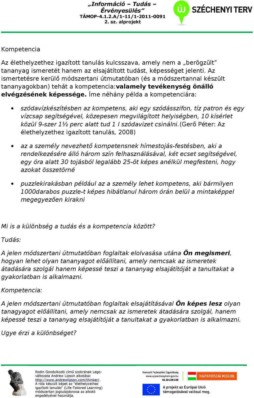 Íme néhány példa a kompetenciára: szódavízkészítésben az kompetens, aki egy szódásszifon, tíz patron és egy vízcsap segítségével, közepesen megvilágított helyiségben, 10 kísérlet közül 9-szer 1½ perc