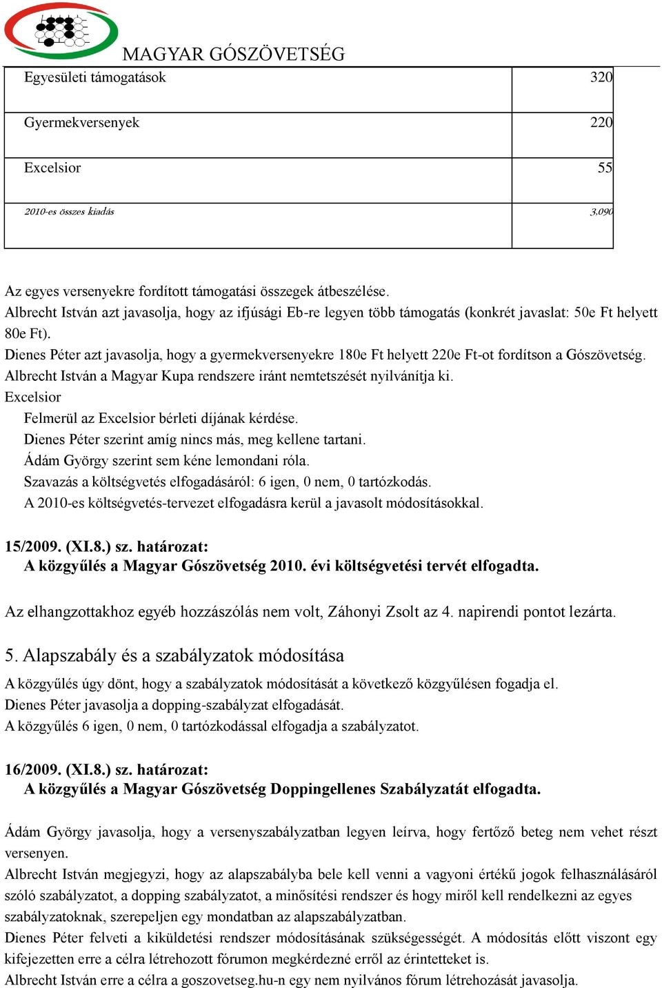 Dienes Péter azt javasolja, hogy a gyermekversenyekre 180e Ft helyett 220e Ft-ot fordítson a Gószövetség. Albrecht István a Magyar Kupa rendszere iránt nemtetszését nyilvánítja ki.