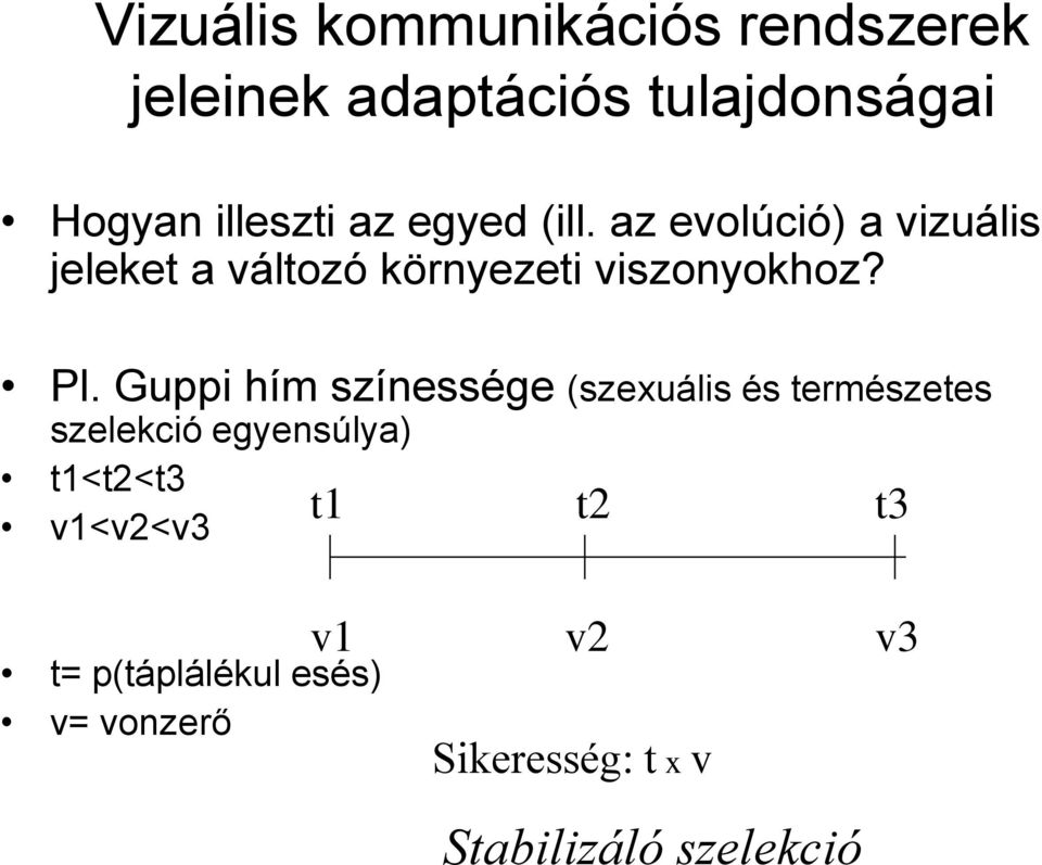 Guppi hím színessége (szexuális és természetes szelekció egyensúlya) t1<t2<t3 v1<v2<v3