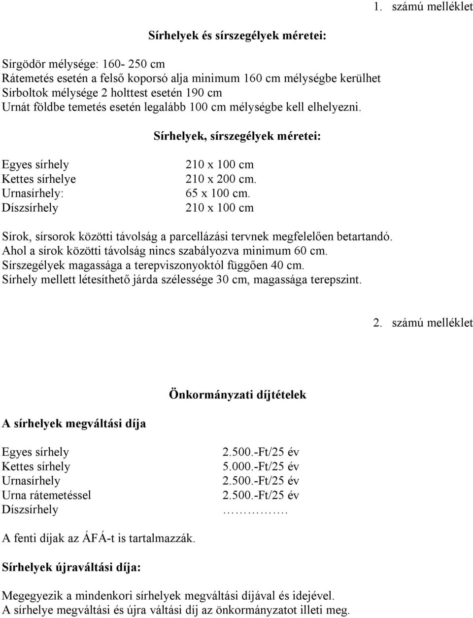 210 x 100 cm Sírok, sírsorok közötti távolság a parcellázási tervnek megfelelően betartandó. Ahol a sírok közötti távolság nincs szabályozva minimum 60 cm.