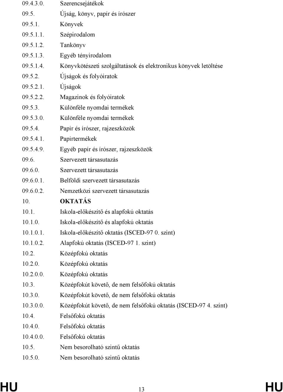 5.4.9. Egyéb papír és írószer, rajzeszközök 09.6. Szervezett társasutazás 09.6.0. Szervezett társasutazás 09.6.0.1. Belföldi szervezett társasutazás 09.6.0.2. Nemzetközi szervezett társasutazás 10.