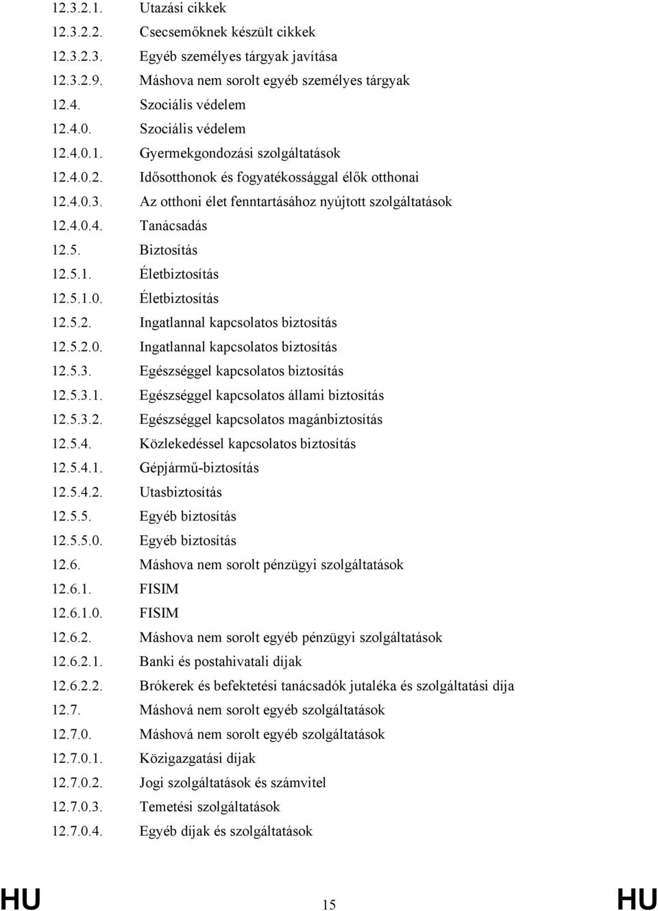 5. Biztosítás 12.5.1. Életbiztosítás 12.5.1.0. Életbiztosítás 12.5.2. Ingatlannal kapcsolatos biztosítás 12.5.2.0. Ingatlannal kapcsolatos biztosítás 12.5.3. Egészséggel kapcsolatos biztosítás 12.5.3.1. Egészséggel kapcsolatos állami biztosítás 12.