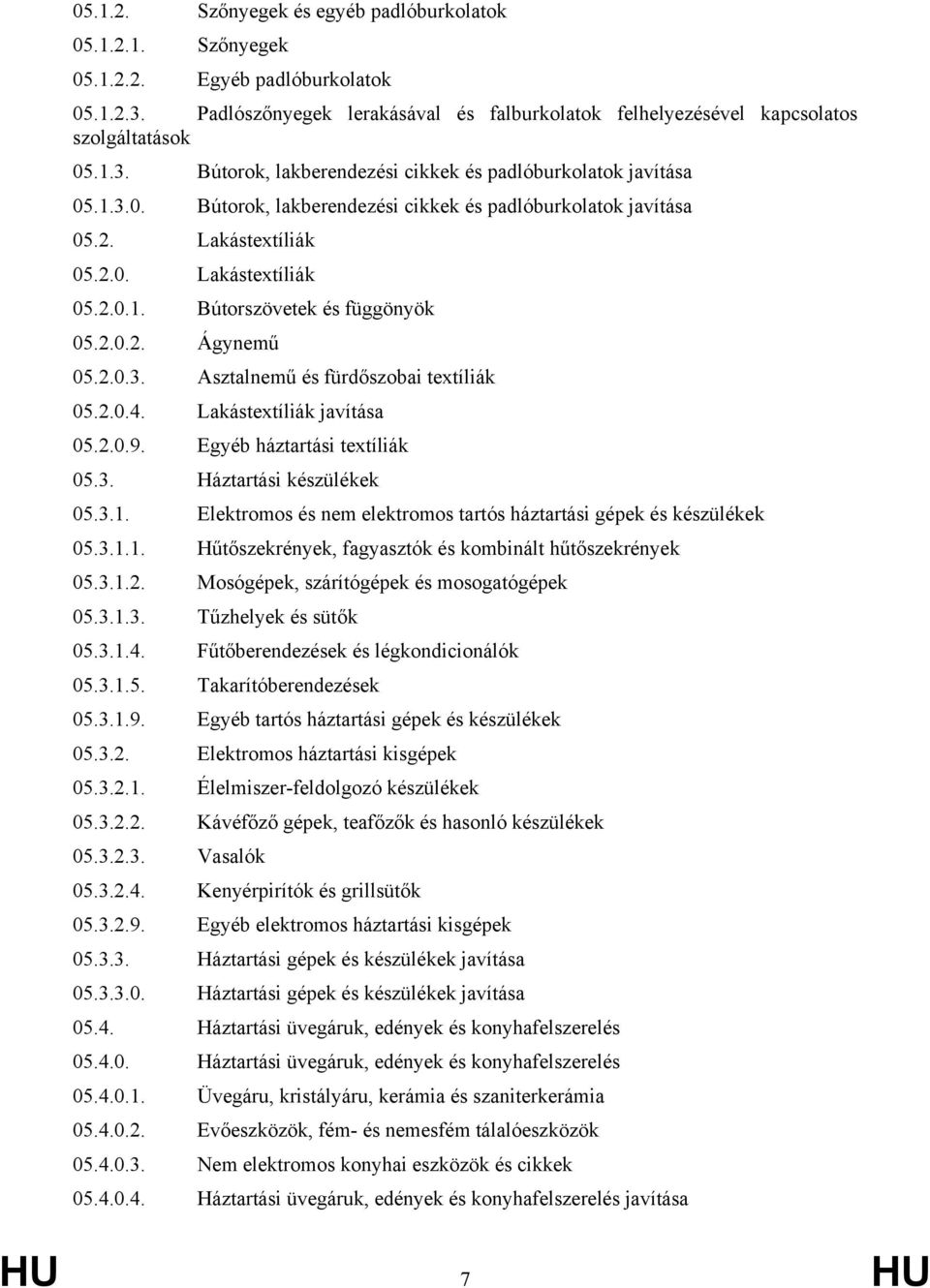 2.0.4. Lakástextíliák javítása 05.2.0.9. Egyéb háztartási textíliák 05.3. Háztartási készülékek 05.3.1. Elektromos és nem elektromos tartós háztartási gépek és készülékek 05.3.1.1. Hűtőszekrények, fagyasztók és kombinált hűtőszekrények 05.