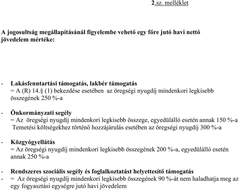 %-a Temetési költségekhez történ hozzájárulás esetében az öregségi nyugdíj 300 %-a - Közgyógyellátás = Az öregségi nyugdíj mindenkori legkisebb összegének 200 %-a, egyedülálló esetén