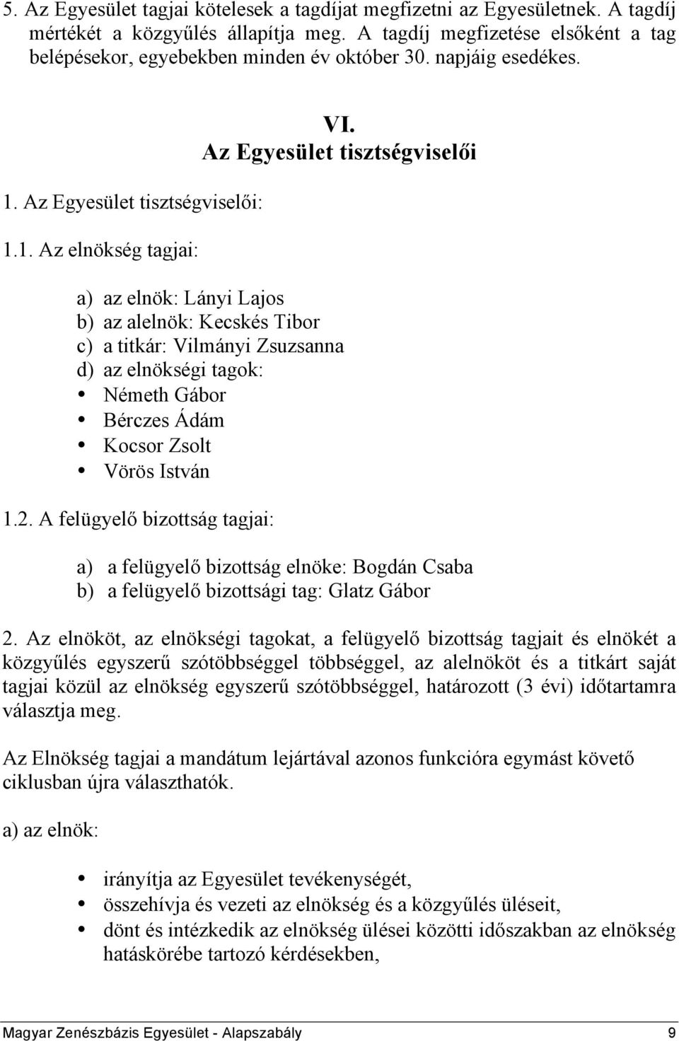 Az Egyesület tisztségviselői a) az elnök: Lányi Lajos b) az alelnök: Kecskés Tibor c) a titkár: Vilmányi Zsuzsanna d) az elnökségi tagok: Németh Gábor Bérczes Ádám Kocsor Zsolt Vörös István 1.2.