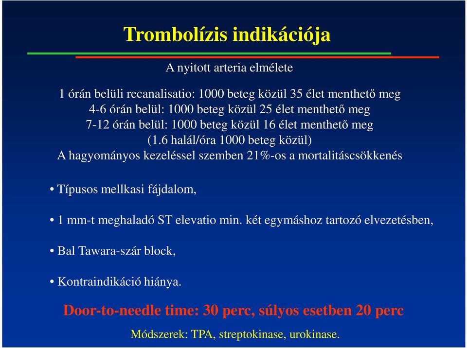 6 halál/óra 1000 beteg közül) A hagyományos kezeléssel szemben 21%-os a mortalitáscsökkenés Típusos mellkasi fájdalom, 1 mm-t meghaladó ST